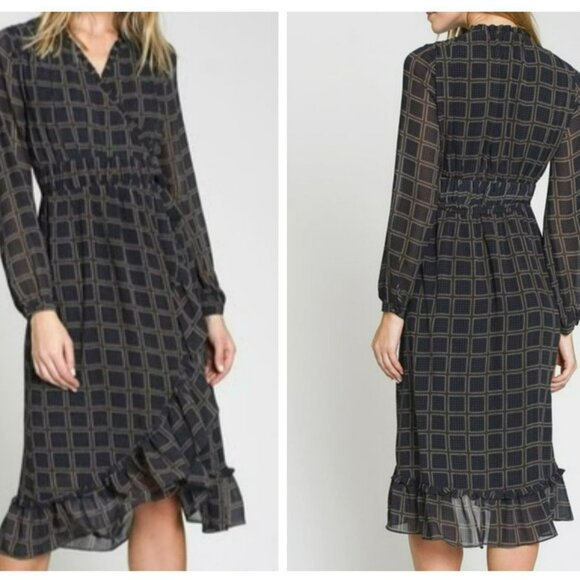 dRA Los Angeles Cicero Wrap Dress S Blue Brown Ruffled Lined Long Sleeve Retro - Picture 15 of 15